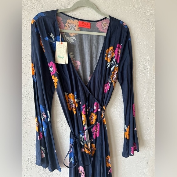 Maaji Make Waves Long Sleeve Kimono Maxi Wrap Dress or Coverup in Blue Floral M - Picture 5 of 13